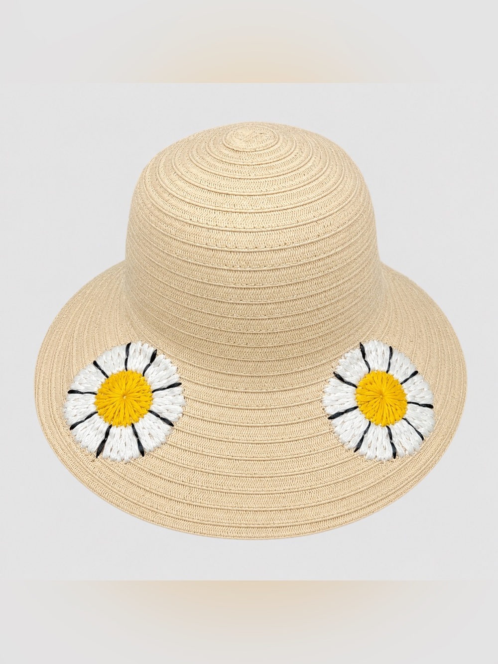 Beige Straw Sun Hat w/ Daisy Flowers Wide Brim Beach Summer Women’s One Size New